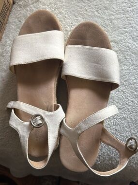 crown & ivy Cream Wedge Slide Sandals with Ankle Strap